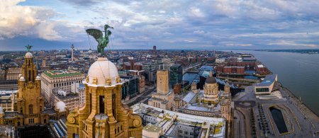 Photo for Aerial view of the Royal Liver building, a Grade I listed building in Liverpool, England, UK - Royalty Free Image