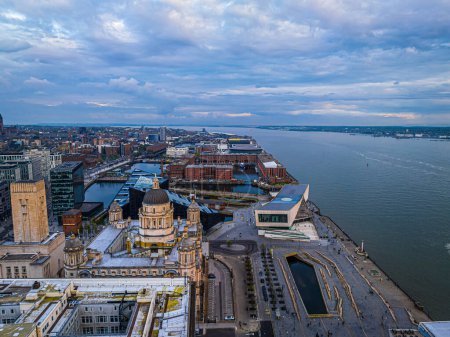 Photo for Aerial view of Liverpool waterfront ready for Europvision song contest 2023, England, UK - Royalty Free Image