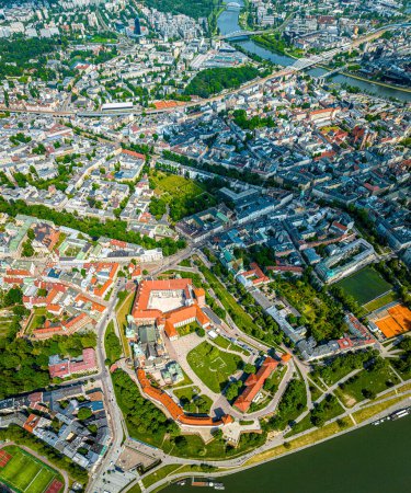 Photo for Aerial view of Wawel castle, a fortified residency on the Vistula River in Krakow, Poland, Europe - Royalty Free Image
