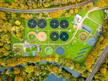 Photo for Aerial view of waste water purification sewage treatment plant in Surrey, England, UK - Royalty Free Image