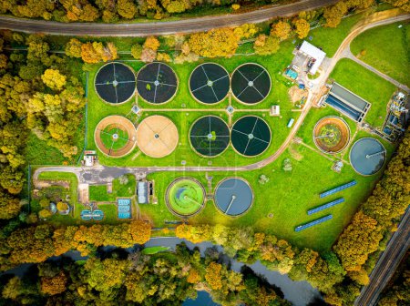 Photo for Aerial view of waste water purification sewage treatment plant in Surrey, England, UK - Royalty Free Image