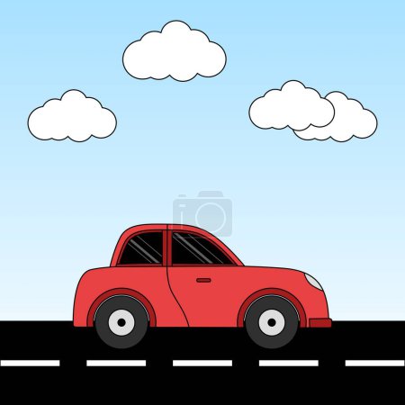 Illustration for Vector illustration of a red car in front of a city street with a sky and cloud background - Royalty Free Image