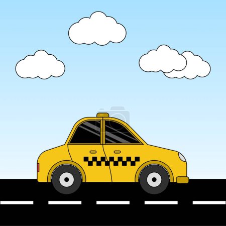 Illustration for Vector illustration of a yellow taxi in front of a city street with a sky and cloud background - Royalty Free Image
