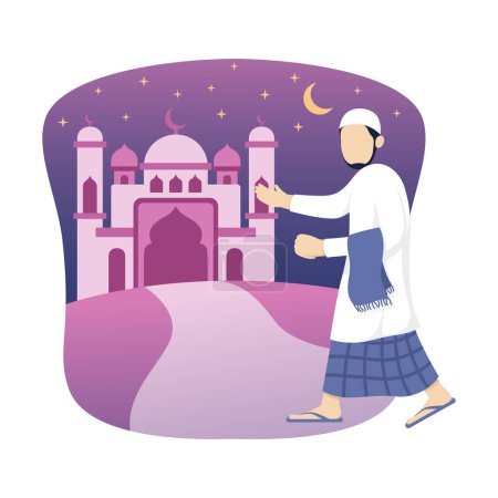 Ilustración de Ilustración de personas caminando a la mezquita para realizar oraciones del Ramadán. Diseño plano con fondo de mezquita por la noche. - Imagen libre de derechos