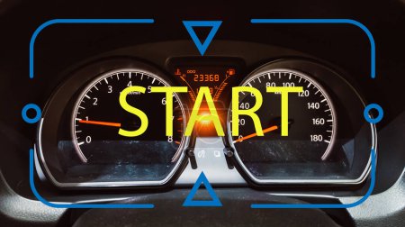 Photo for Start concept on a car dashboard with speedometer and warning lights. Ready To Start. - Royalty Free Image