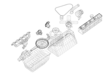 3d illustration. Parts of old car straight inline engine