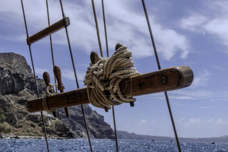Santorini, Greece, May 4, 2024. Railing of a traditional sailboat in the port of Fira