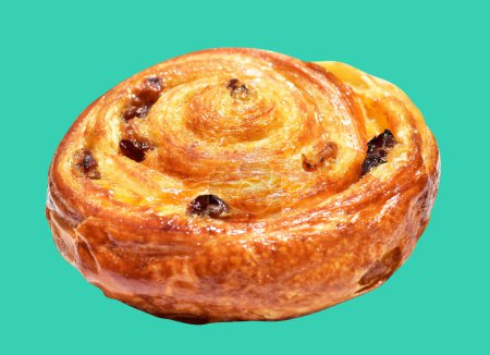 Raisin Danish pastry isolated or pain aux raisins spiral buns with raisins and custard, or escargot in green background, no shadow with clipping path
