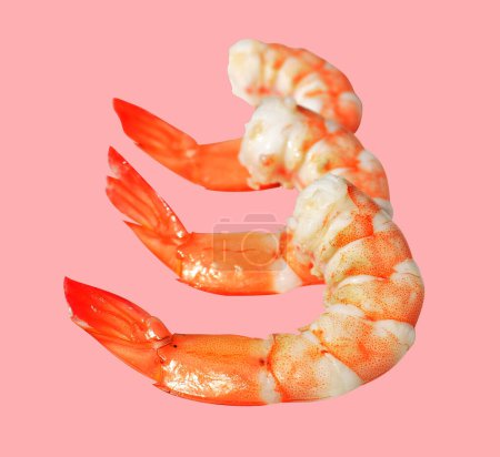 Photo for Red boiled shrimp or tiger prawn isolated with clipping path, no shadow on pink background, cooked seafood, cooking ingredient - Royalty Free Image