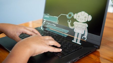 Die Menschen arbeiten und bringen künstliche Intelligenz mit, damit sie am Computer arbeiten können.