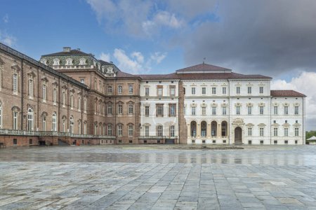 Photo for Venaria, Italy - 05-06-2022:Extra wide angle view of  The beautiful facades of the Royal Palace of the Savoy in the Venaria Reale - Royalty Free Image