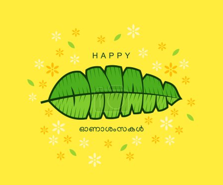 Kerala, Indian holiday. Happy Onam hand drawn English creative lettering or typography illustration for greeting card, banner, poster, label, tag. banana leaf concept.