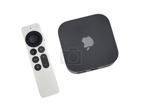 Photo for Bucharest, Romania - December 4, 2022: Product shot of the Apple TV 4k 2022 with WiFi and Ethernet, 128Gb RAM, and with Siri Remote, isolated on white background - Royalty Free Image