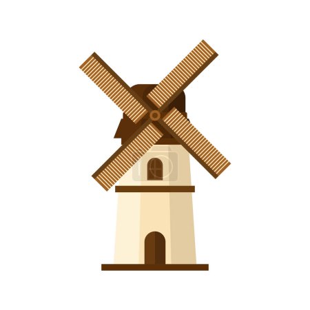 Illustration for Traditional dutch windmill flat design vector illustration. Traditional dutch farm buildings for grinding wheat grains to flour. countryside architecture isolated on white background - Royalty Free Image