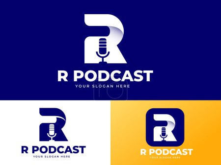 Foto de Logo blanco de la letra R con el elemento del micrófono para la identidad del podcast - Imagen libre de derechos