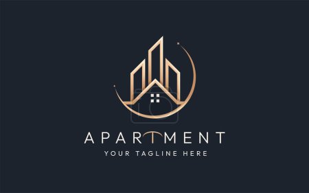 Illustration for Elegant luxury city house real estate building logo line art style with business card design - Royalty Free Image