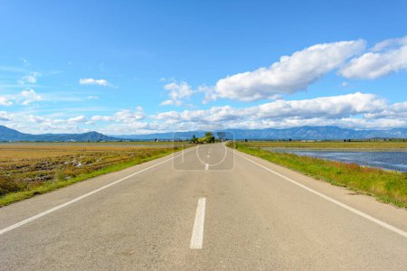 Foto de Un camino recto que conduce hacia las montañas bajo un cielo azul brillante con nubes, vista de un camino solitario en el delta del ebro, tarrthe, catalonia, España, - Imagen libre de derechos