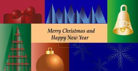 Ilustración de Feliz Navidad y Año Nuevo masaic vector fondo plantilla postal Feliz Navidad árbol de felicitación bolas regalo de nieve - Imagen libre de derechos