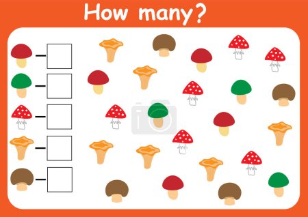 Téléchargez les illustrations : Combien y a-t-il de champignons ? Compter le jeu pour les enfants. Affectation mathématique pour les enfants d'âge préscolaire. - en licence libre de droit