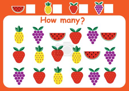 Téléchargez les illustrations : Combien y a-t-il de baies et de fruits ? Compter le jeu pour les enfants. Affectation mathématique pour les enfants d'âge préscolaire. - en licence libre de droit