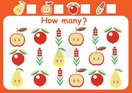 Téléchargez les illustrations : Combien y a-t-il de baies et de fruits ? Compter le jeu pour les enfants. Affectation mathématique pour les enfants d'âge préscolaire. - en licence libre de droit