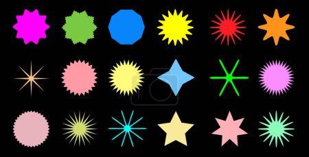 Brutalistas formas geométricas de estrellas, símbolos coloridos. Formas de estrellas abstractas en estilo minimalista suizo. Ilustración vectorial