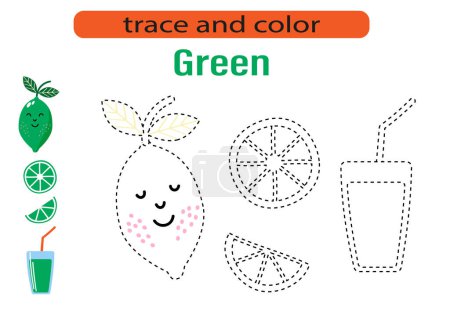 Handwriting practice for kids. Draw lines for kids. Tracing and coloring, fruits and berries. Vector EPS10