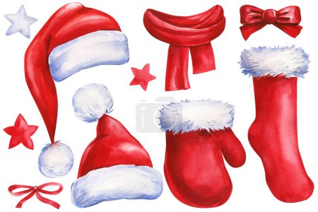 Téléchargez les photos : Ensemble de vêtements rouges. Écharpe, mitaine, chapeau Père Noël, sur un fond blanc isolé, illustration aquarelle. Illustration de haute qualité - en image libre de droit