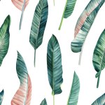 Palm leaves, tropical background, hand drawn watercolor botanical painting. Strelitzia plant. Seamless pattern, jungle wallpaper. High quality illustration