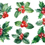 Hand drawn watercolor set. holly twigs, berries and leaves isolated on white background. new year illustration. High quality illustration