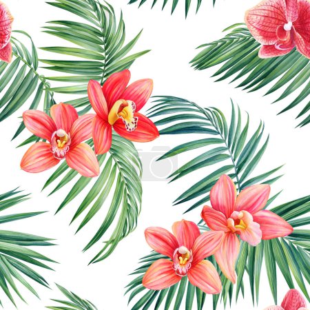 Photo for Tropical Seamless pattern. Orchids Flowers. Palm leaves, exotic plants. Jungle botanical illustration. High quality illustration - Royalty Free Image