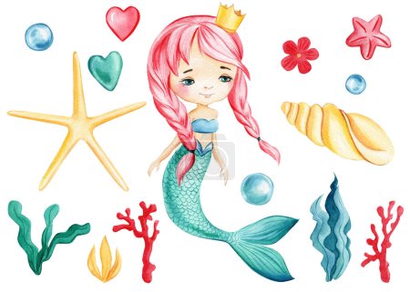 Cute Mermaid, seashells, crown, bubbles and coral on an isolated white background. Watercolor drawing. High quality illustration