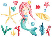 Cute Mermaid, seashells, crown, bubbles and coral on an isolated white background. Watercolor drawing. High quality illustration Stickers #624353894