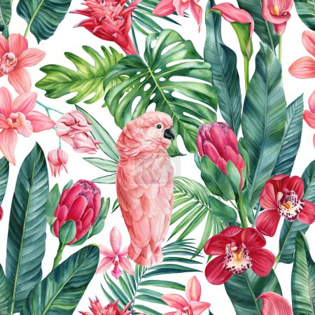 Téléchargez les photos : Perroquet cacatoès, motif tendance tropical sans couture avec des feuilles de palmier dans un style aquarelle. Fleur, feuille et oiseau rose. Illustration de haute qualité - en image libre de droit