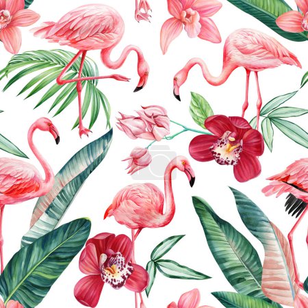 Téléchargez les photos : Flamants roses, motif floral tendance tropical sans couture avec des feuilles de palmier dans un style aquarelle. Fleur, feuille et oiseau. Illustration de haute qualité - en image libre de droit
