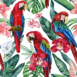 Floral trendy tropical seamless pattern with palm leaves in watercolor style. Flower, leaf and bird. High quality illustration