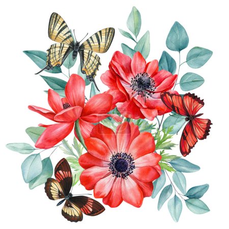 Téléchargez les photos : Papillon et fleurs rouges. Illustrations botaniques aquarelles. Fleur d'anémone, feuilles d'eucalyptus. Peinture florale. Illustration de haute qualité - en image libre de droit