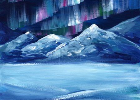 Foto de Luces boreales. Montañas por la noche, paisaje invernal durante las luces del norte. Pintura acrílica. Foto de alta calidad - Imagen libre de derechos
