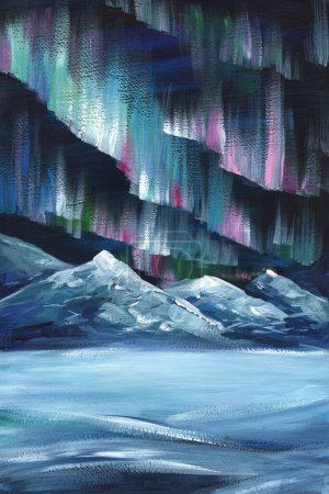Foto de Luces boreales. Montañas por la noche, paisaje invernal durante las luces del norte. Pintura acrílica. Foto de alta calidad - Imagen libre de derechos