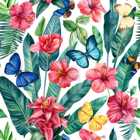Téléchargez les photos : Floral Seamless pattern, jungle wallpaper. Tropical palm levels, red hibiscus flower and butterfly. High quality illustration - en image libre de droit