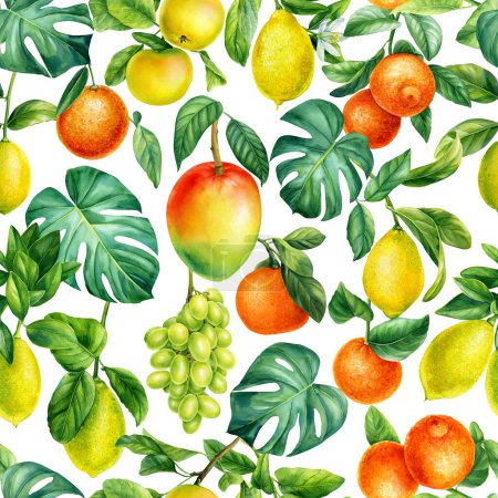 Colored tropical background, hand drawn watercolor botanical painting. Fruits seamless pattern, sweet wallpaper. High quality illustration