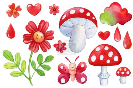 Watercolor mushroom fly agaric, flower, heart, cloud on isolated white background, Trendy hippie elements, retro style. High quality illustration