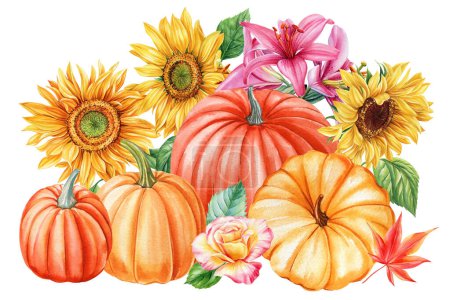 Foto de Calabazas de otoño, flores y hojas pintadas a mano en acuarela aislada sobre fondo blanco. ilustración de alta calidad - Imagen libre de derechos