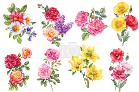 Foto de Flores aisladas sobre fondo blanco. ramo de flores acuarela ilustraciones florales para invitación, tarjeta, diseño. ilustración de alta calidad - Imagen libre de derechos