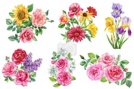Flower and leaf. Set flowers isolated on white background, watercolor hand drawing lilac, rose, sunflower and jasmine . High quality illustration