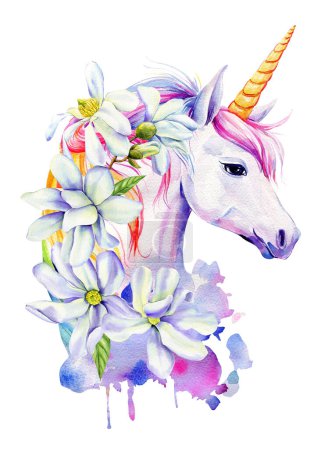 Lindo unicornio con flores en su melena aislada sobre fondo blanco, ilustración mágica con unicornio en acuarela. ilustración de alta calidad