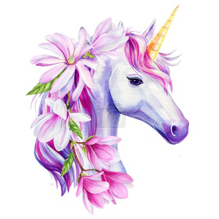 Lindo unicornio con flores rosadas aisladas sobre fondo blanco, ilustración mágica con unicornio en acuarela. ilustración de alta calidad