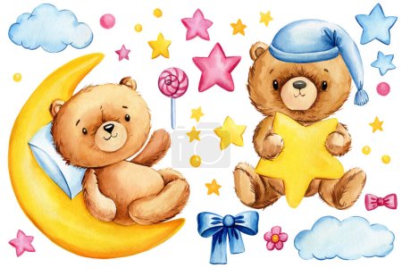 Photo for Teddy bear on the moon and star on white isolated background Watercolor hand drawn illustration. for cards, invitations, design, poster. High quality illustration - Royalty Free Image