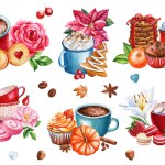 Sweet set Watercolor Illustration, Hot drink, desserts and bakery drawing isolated on white background. High quality illustration