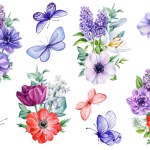 Spring flowers. Anemones, lilac, leaves and butterfly on isolated background. Watercolor Flower set, botanical illustration. High quality illustration